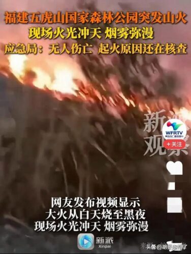福建福州，闽侯县五虎山国家森林公园突发山火，疑似露营所致！